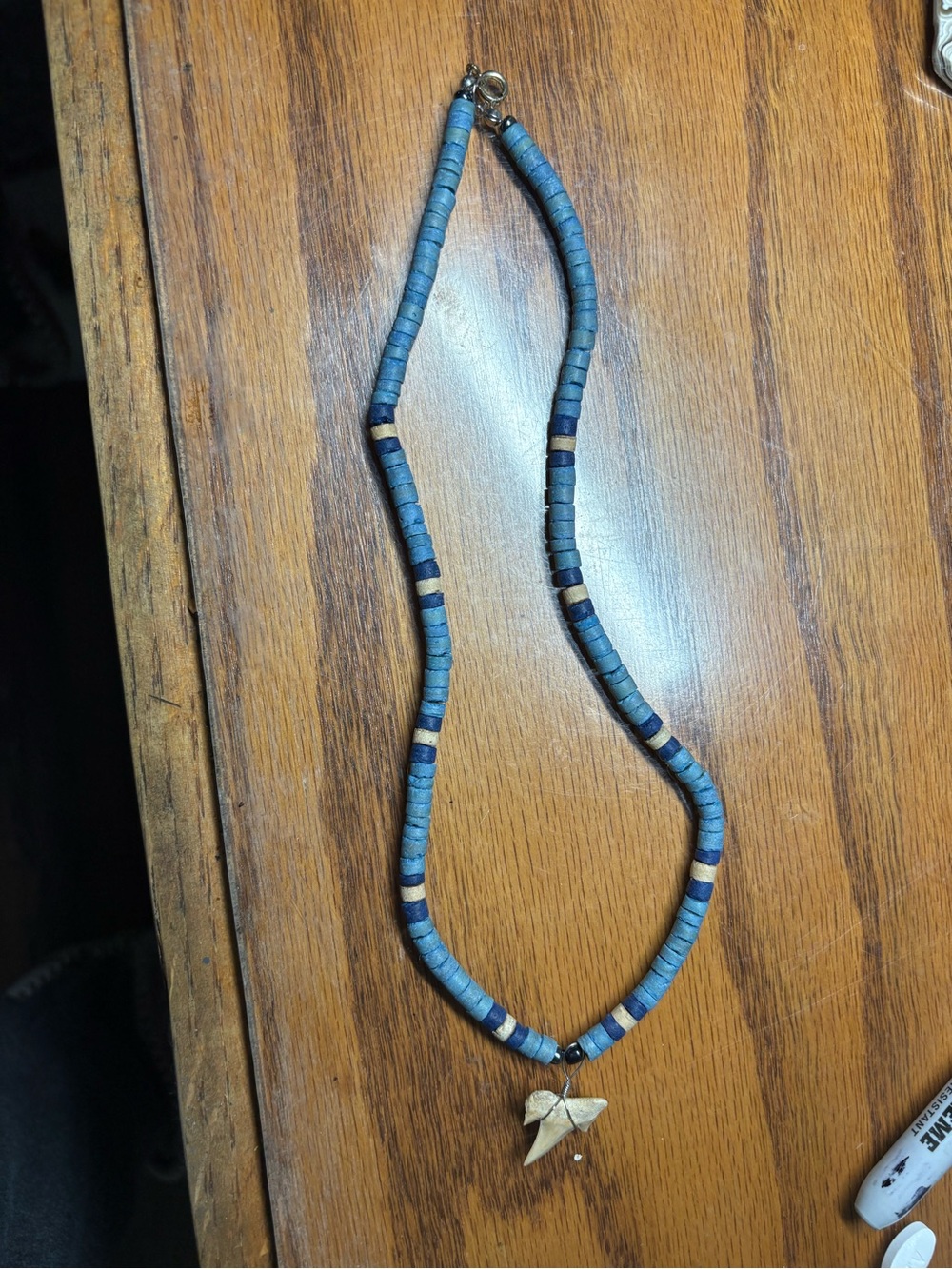 Blue Beaded Necklace with Shark Tooth Pendant